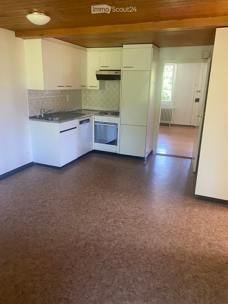 Empty kitchen with white cabinets, stainless steel sink, oven, and refrigerator. The floor is covered with a speckled brown carpet, and the walls have a tiled backsplash.