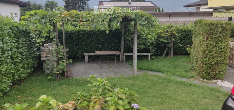 A serene garden with a pergola covered in vines, a stone bench, a small table, and lush greenery, surrounded by neatly trimmed hedges and a grassy lawn.