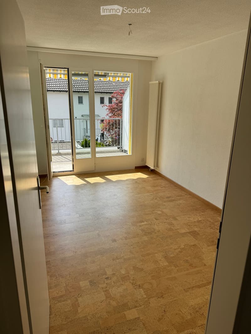 Empty room with light wooden flooring, white walls, and a radiator. An open sliding door leads to a balcony with a view of neighboring buildings and a tree.