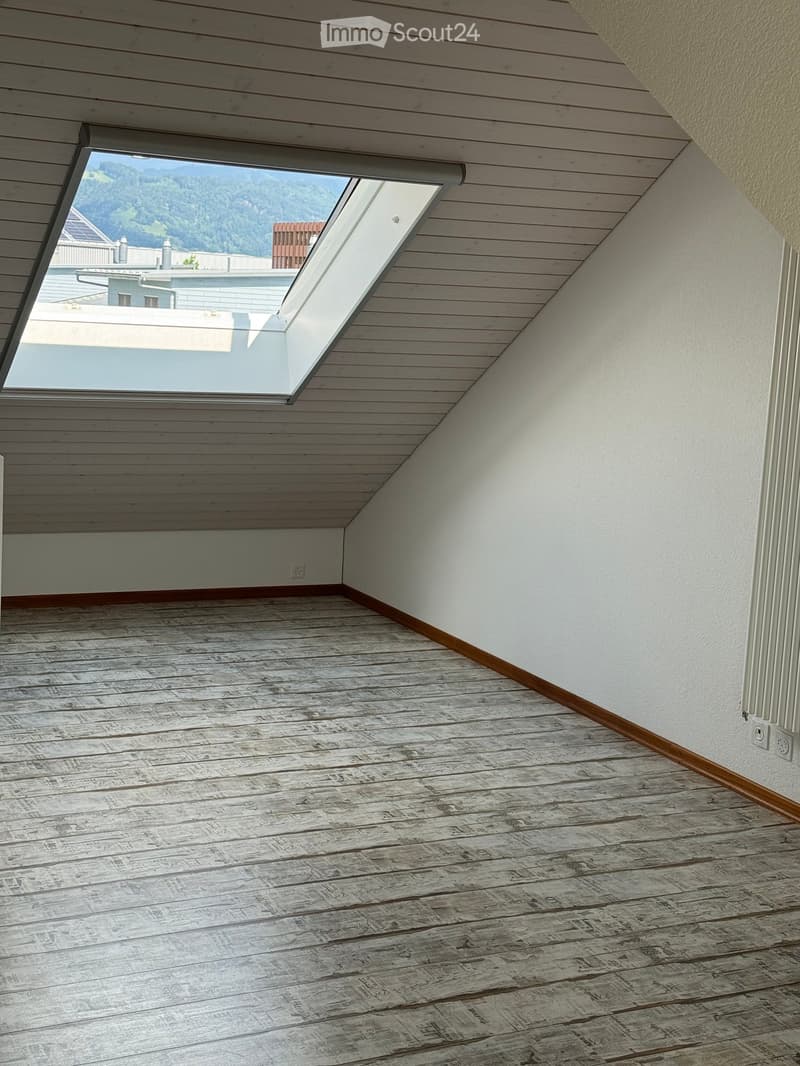 Empty room with wooden floor and slanted wooden ceiling, featuring a large skylight offering a view of the outdoors.