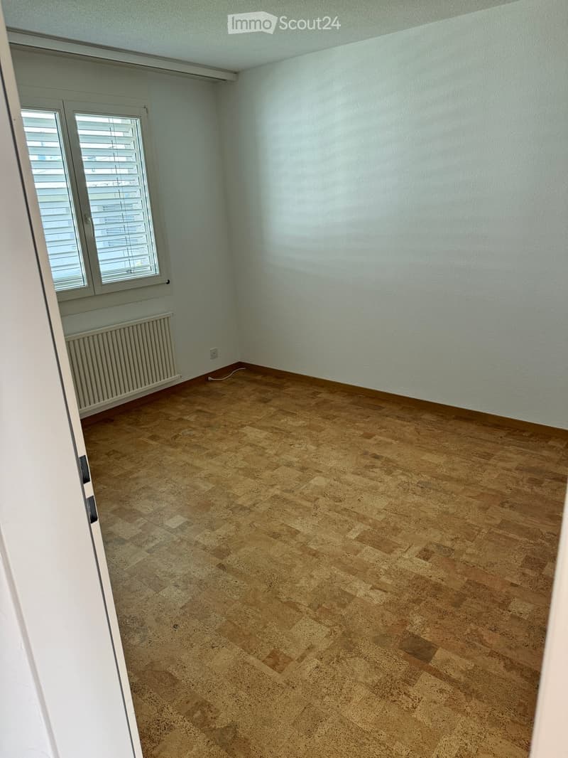 Empty room with light-colored walls, wooden flooring, and a window with blinds. A radiator is visible below the window.
