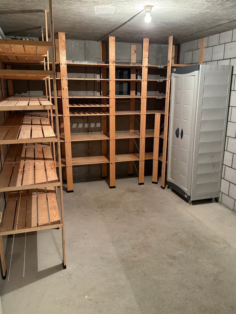 Empty basement or storage area with concrete walls and floor, wooden shelving units, and a large stainless steel appliance, likely a washer/dryer unit, positioned against the wall.