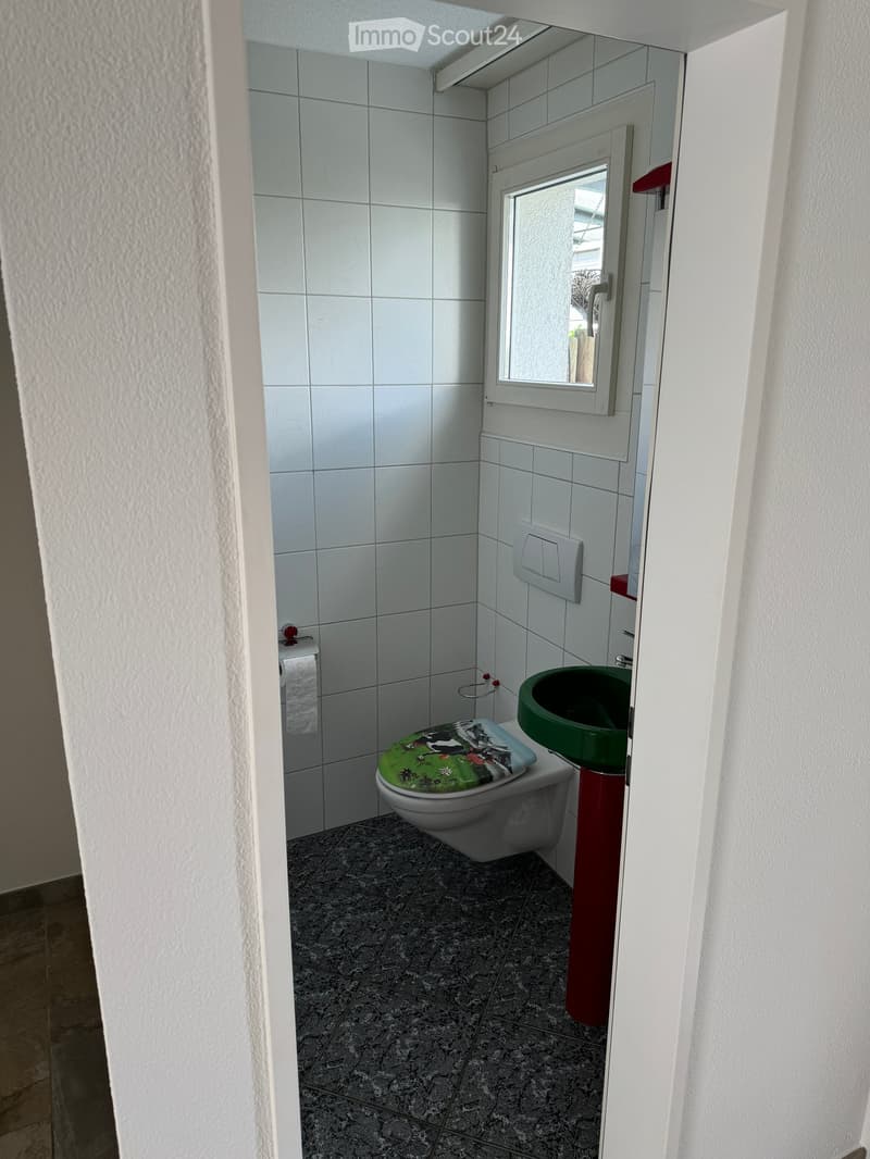 Small bathroom with white tiled walls, a toilet with a decorative seat cover, a green sink, a mirror, and a window.