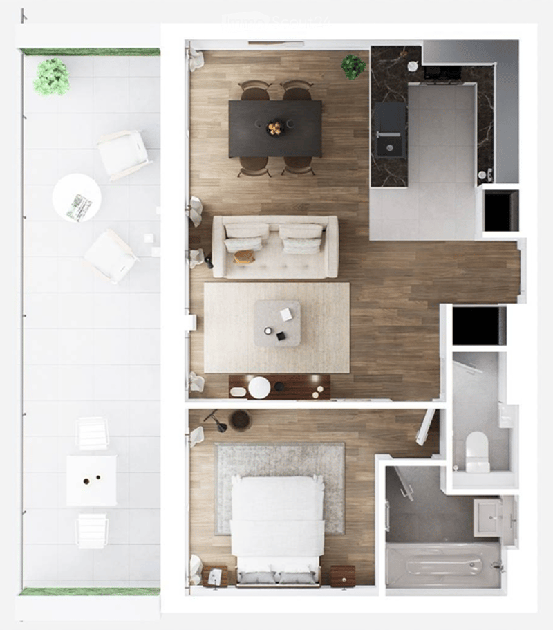 Floor plan of a modern apartment featuring a living room, dining area, kitchen, bedroom, and bathroom. The layout includes a sofa, coffee table, dining table with chairs, and a bed with nightstands.