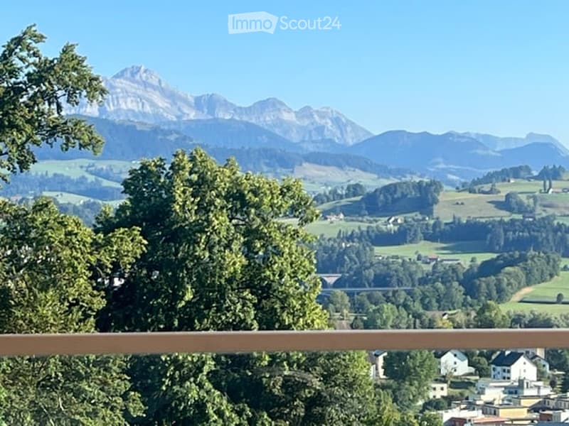 Balcony overlooking a scenic valley with mountains, trees, and scattered houses.