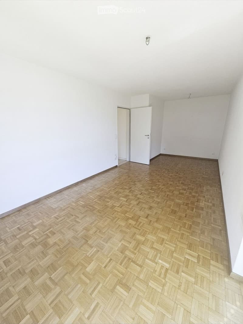 Empty room with light wooden herringbone flooring and white walls. Features a white door and a light fixture on the wall.