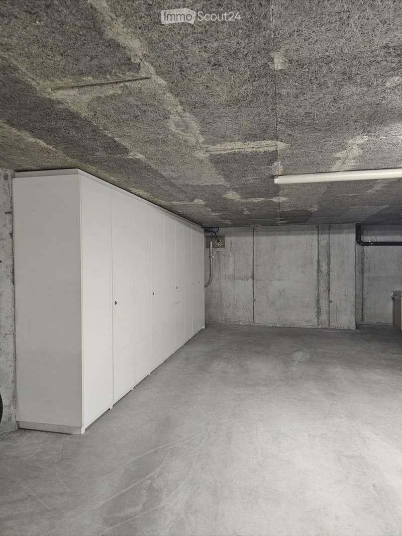 Empty underground parking space with concrete walls, floor, and ceiling, featuring a row of white storage lockers on one side.