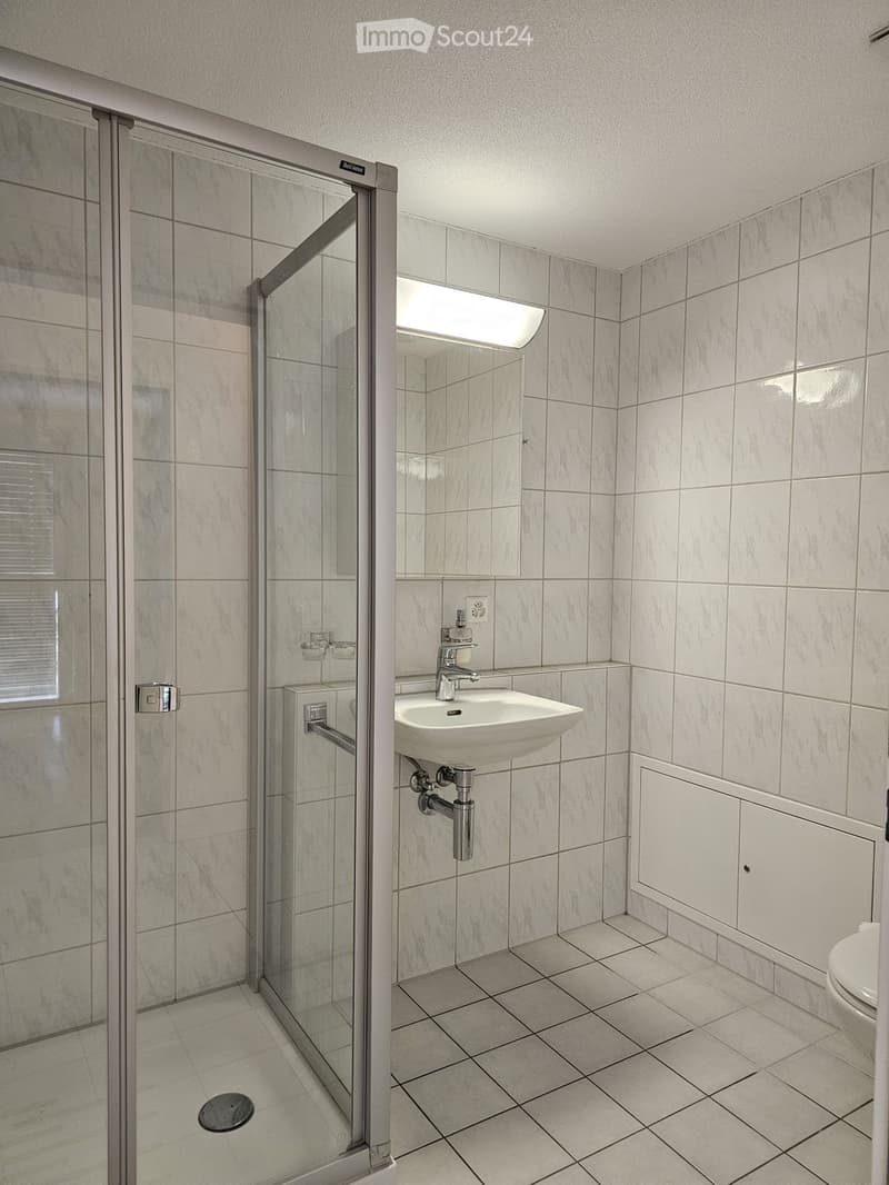 Modern bathroom with white tiles, a glass-enclosed shower stall, a white sink with a modern faucet, and a toilet. The walls and floor are covered in light-colored tiles, and the shower stall has a sleek, contemporary design.