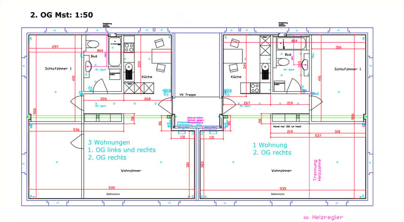 Floor plan of a multi-unit building showing three apartments on the second floor, including bedrooms, bathrooms, kitchens, and living spaces.