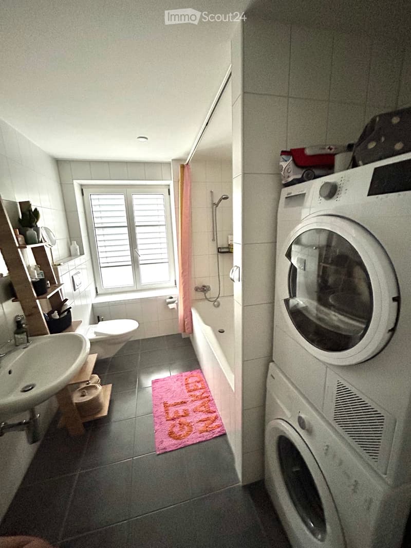 Bathroom with a sink, toilet, bathtub, washing machine, and a pink bath mat on the floor.