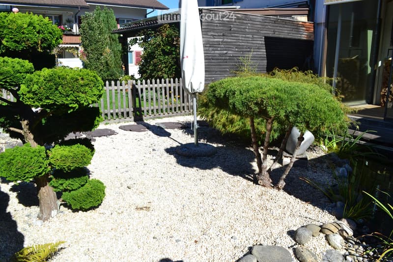 Well-maintained garden with gravel pathways, small trees, shrubs, a wooden fence, and a modern house in the background.