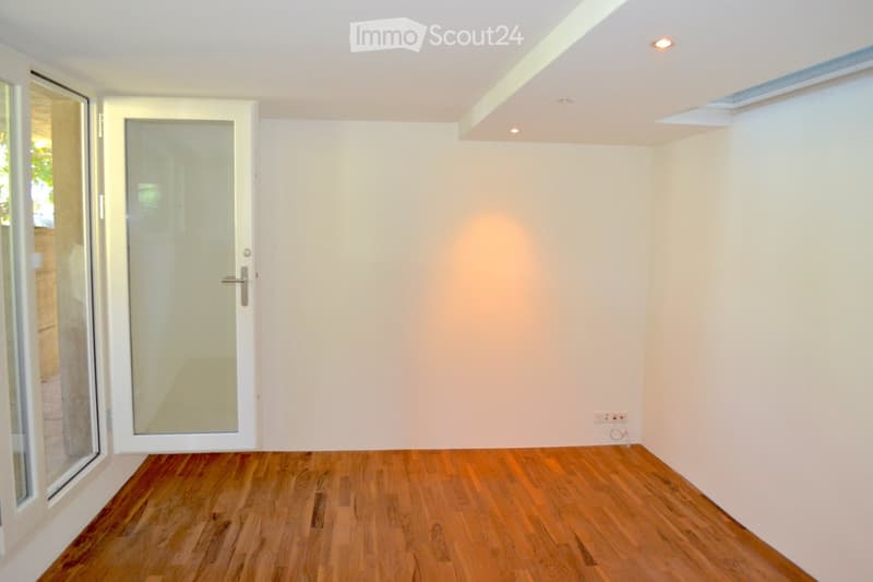 Empty room with wooden flooring, white walls, and a white door with a glass panel. The room has a large window on one side and a small skylight on the ceiling.