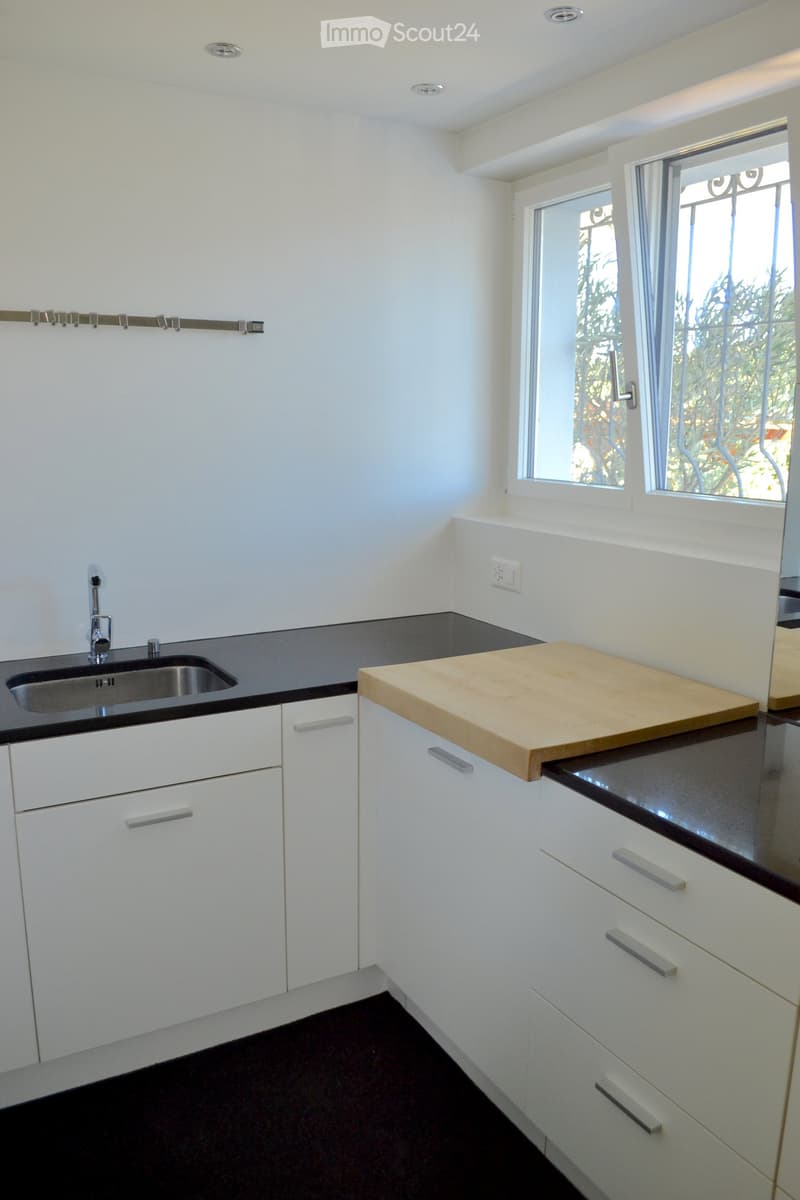 Modern kitchen with white cabinets, black countertops, a stainless steel sink, and a wooden cutting board on the counter.