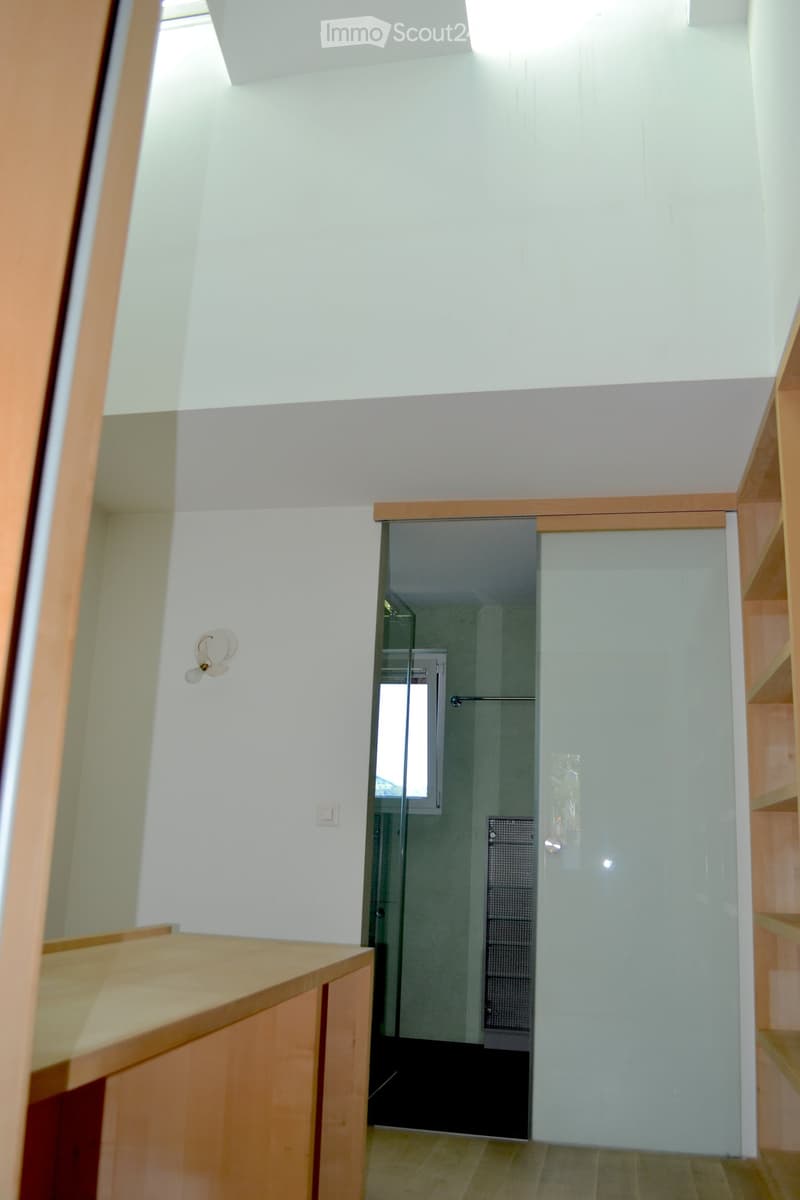 A modern hallway with light-colored walls, wooden flooring, and a glass door leading to a room with a window and a shower area visible beyond.