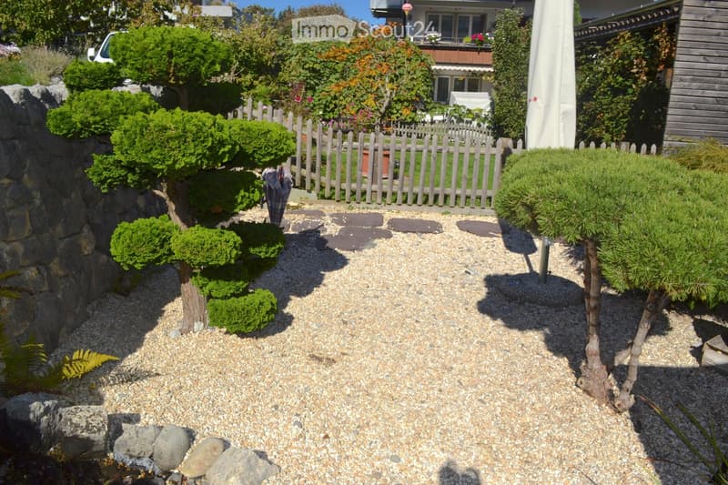 Well-maintained garden with gravel pathway, trimmed shrubs, small trees, stone border, and a wooden fence separating the area from the house.
