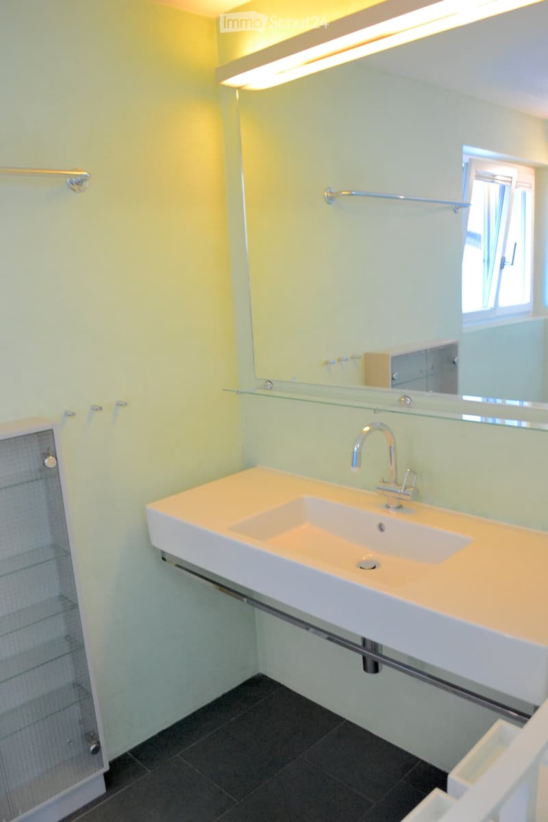Modern bathroom with a white sink, chrome faucet, glass shelf above the sink, and a large mirror. Light green walls and dark tiled floor.