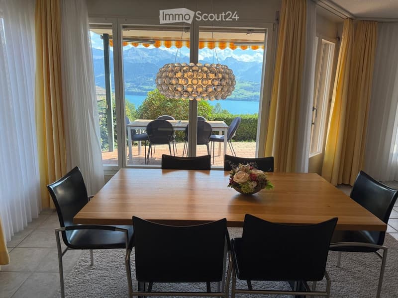 Bright dining room with large windows offering a scenic mountain and lake view. Features a wooden dining table with black chairs, a flower vase centerpiece, and a modern chandelier hanging from the ceiling.