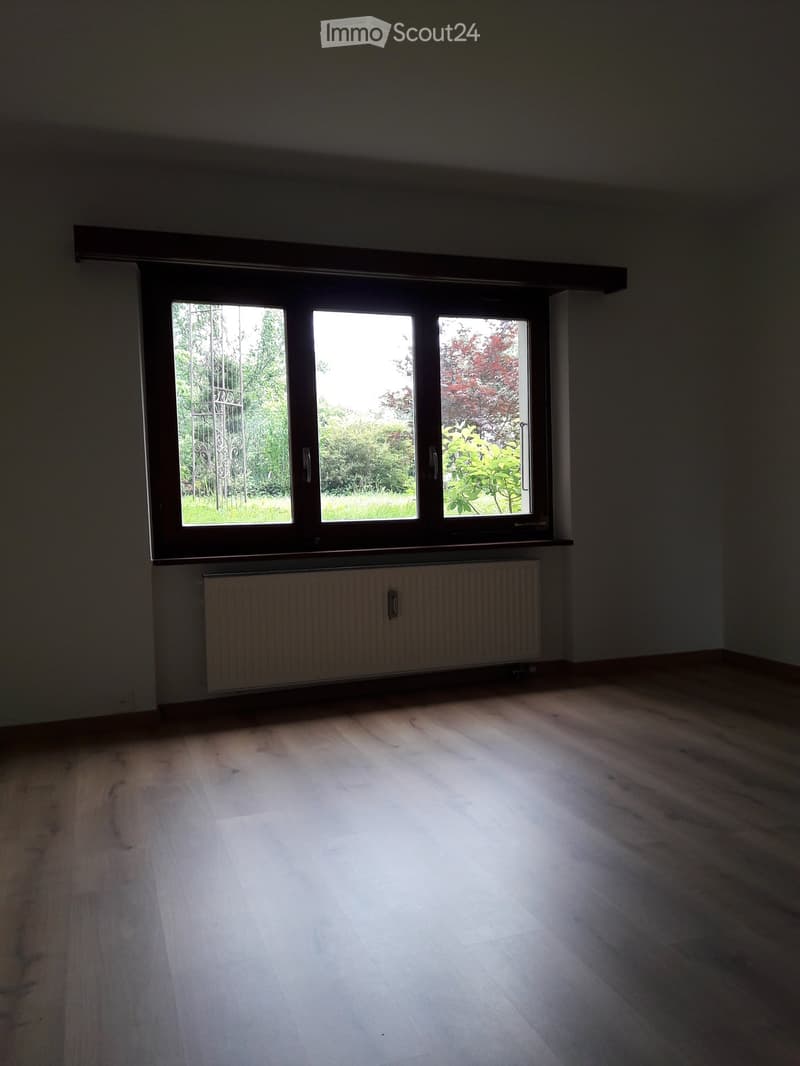 empty room, double window, white walls, wooden floor, central heating radiator