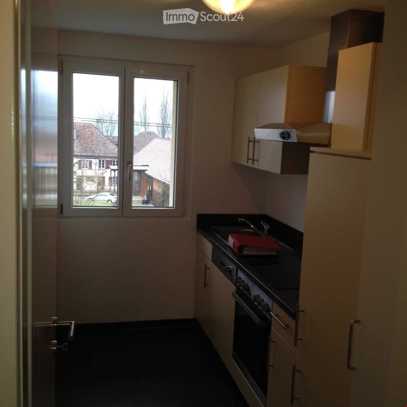 compact kitchen with window, gas stove, sink, oven, storage cabinets, kitchen table
