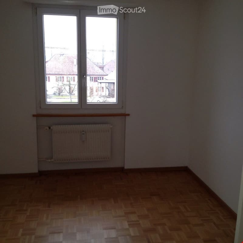 Empty room, white walls, wooden floor, window, radiator