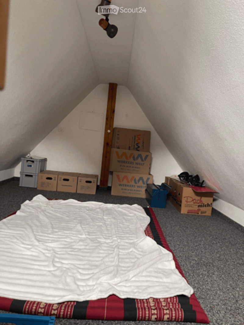 An attic room with slanted ceilings, carpeted floor, and exposed wooden beams. The space is empty except for a mattress on the floor and several cardboard boxes stacked against the wall.