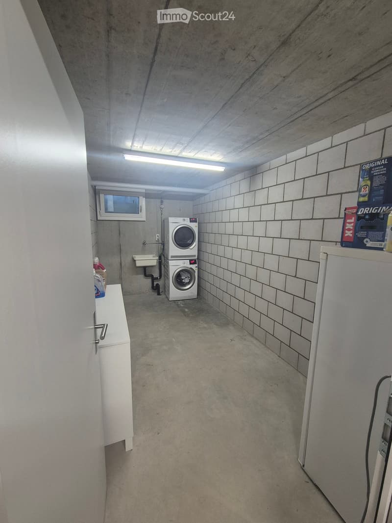 A small, modern bathroom with a washing machine, sink, and cabinet. The walls are tiled, and the floor is concrete.