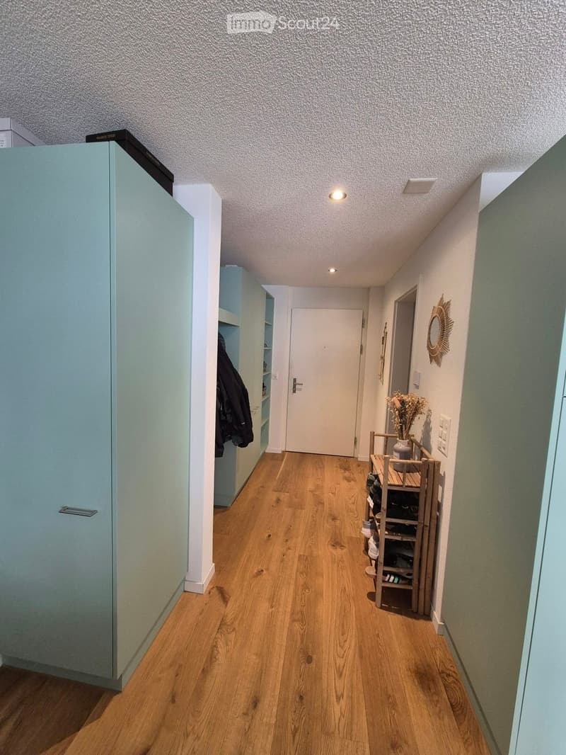 A narrow hallway with wooden flooring, light-colored walls, and recessed ceiling lighting. Features include a coat rack with a coat hanging, a small wooden shoe rack, and a decorative wall piece.
