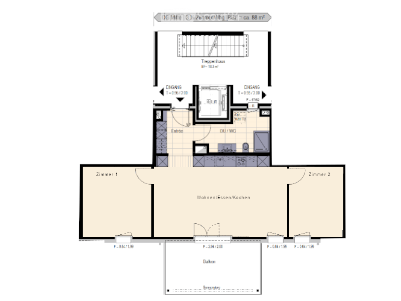 Floor plan of a 3.5-room apartment with a living/dining/kitchen area, two bedrooms, a hallway, a bathroom, and a balcony.