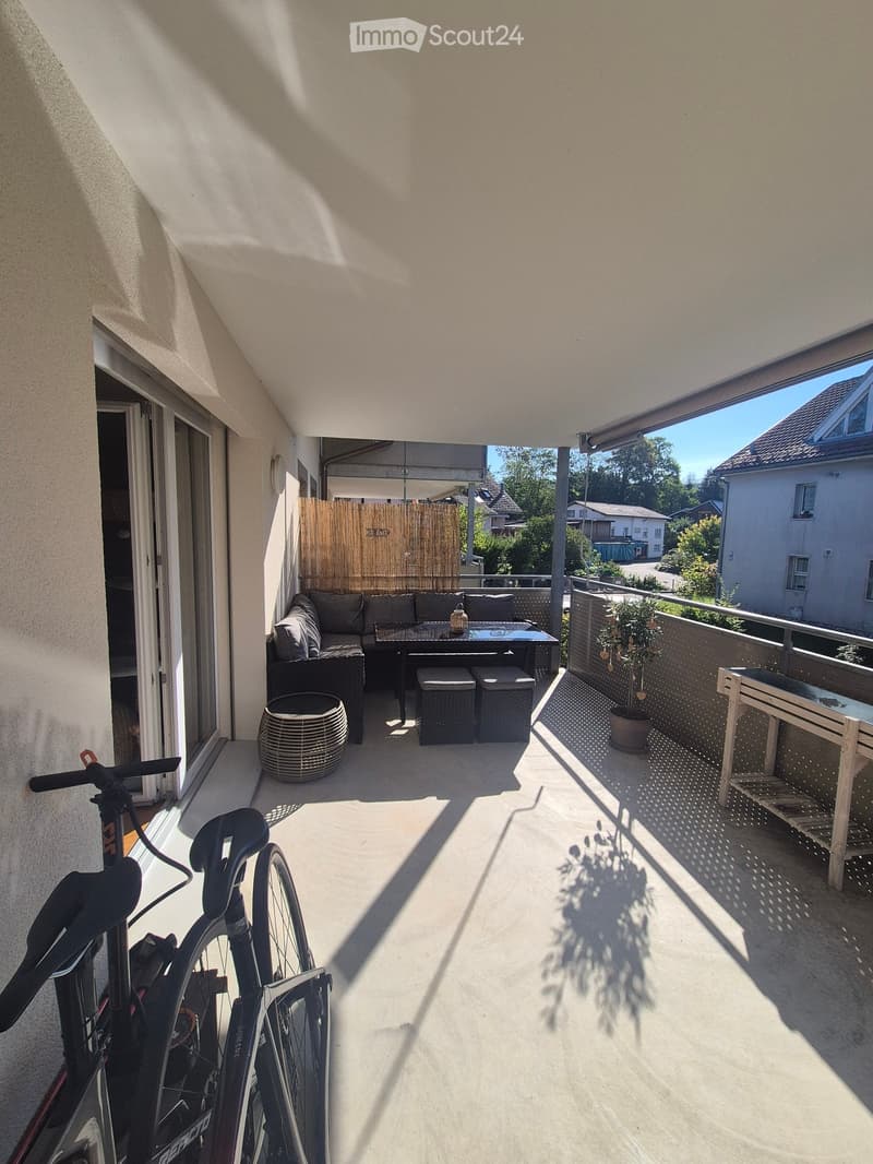 Balcony with a sofa, table, stools, a wicker chair, and a potted plant, with a bicycle parked nearby.