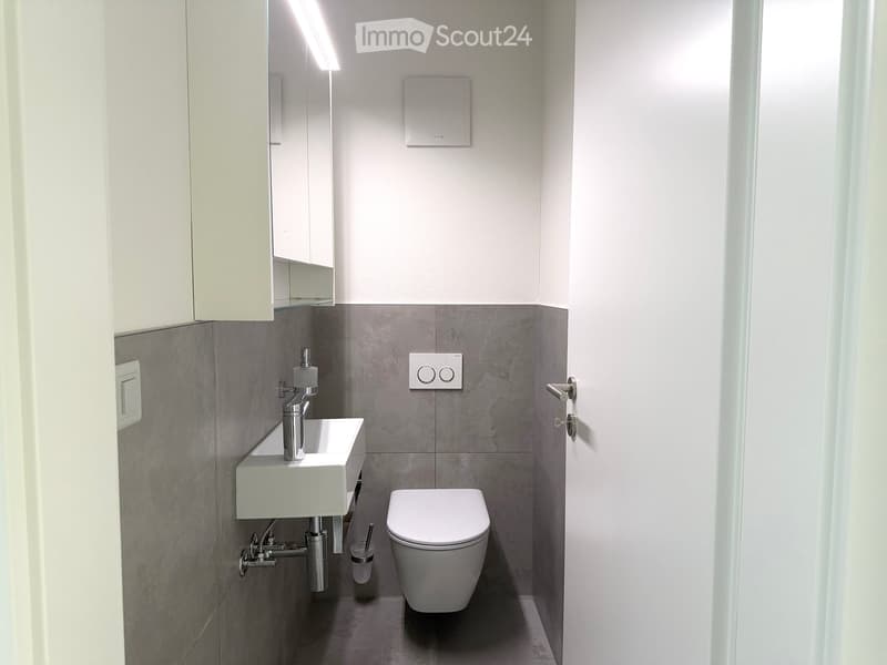 Modern, compact bathroom with a white sink, chrome faucet, toilet, and built-in cabinet with a mirror. Grey tiled walls and floor.