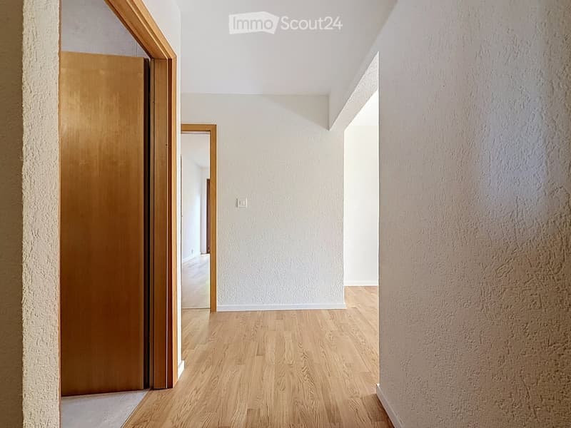 A narrow hallway with wooden flooring, white walls, and a wooden door on the left side. The hallway has a slanted ceiling and leads to another room.