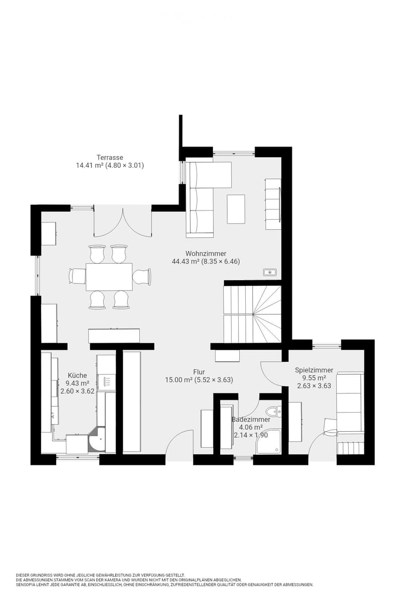 Floor plan showing a living room, kitchen, floor area, bathroom, playroom, and terrace.