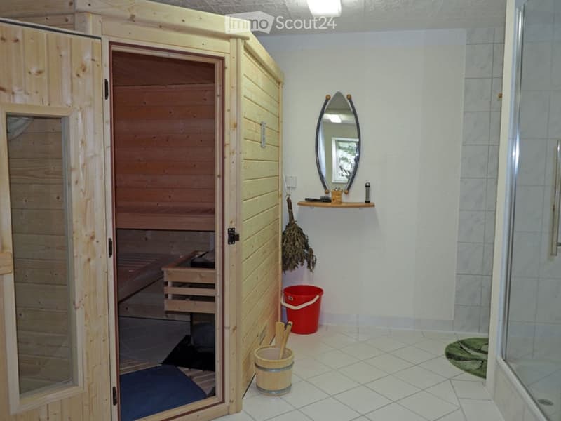 Bathroom with a wooden sauna, a mirror, a shelf, a shower stall, and a red bucket on the floor.