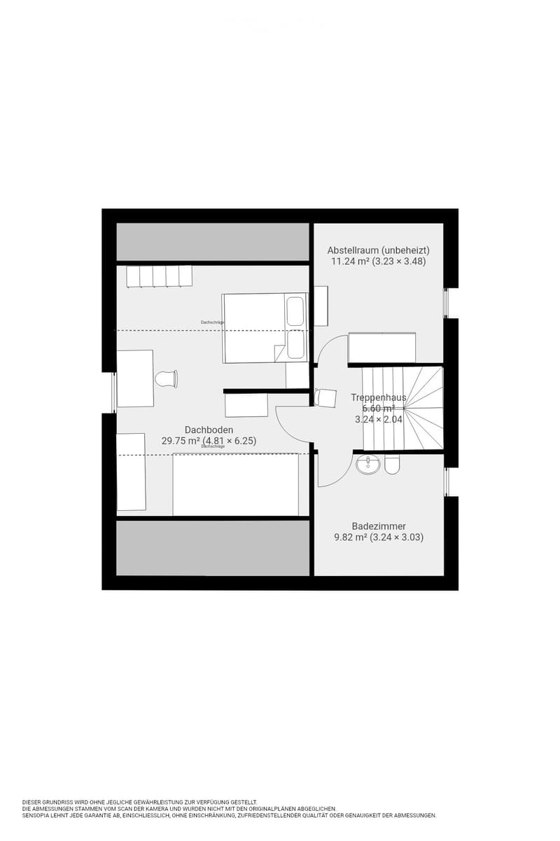 Floor plan showing a roof terrace, storage room, staircase, and bathroom with dimensions labeled.
