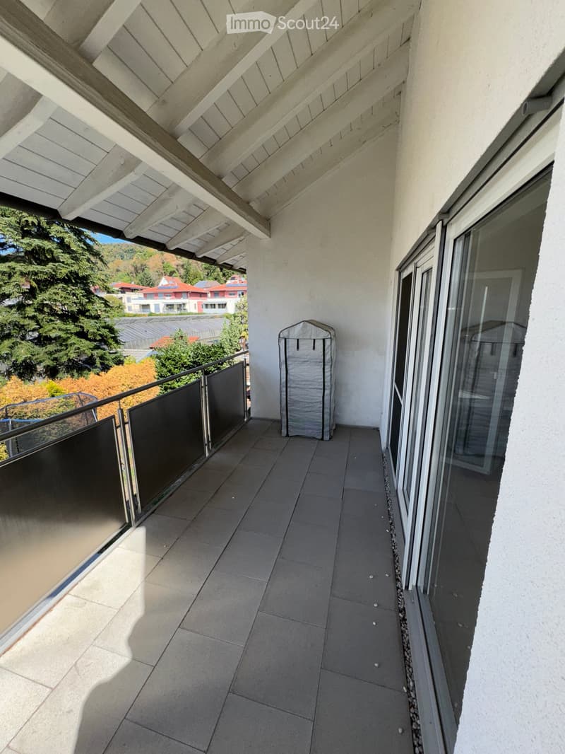 Balcony with tiled floor, glass railing, and a covered storage area. The view shows trees and neighboring houses.
