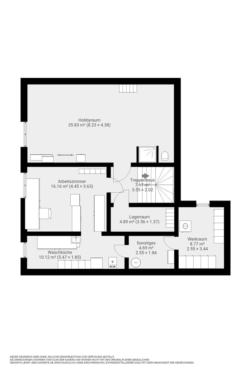 Floor plan showing a hobby room, work room, wash kitchen, storage room, other space, workshop, and staircase.