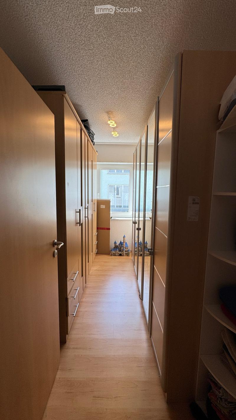 A narrow hallway with wooden flooring, light-colored walls, built-in wardrobes on both sides, and a small play area with a toy castle at the end.