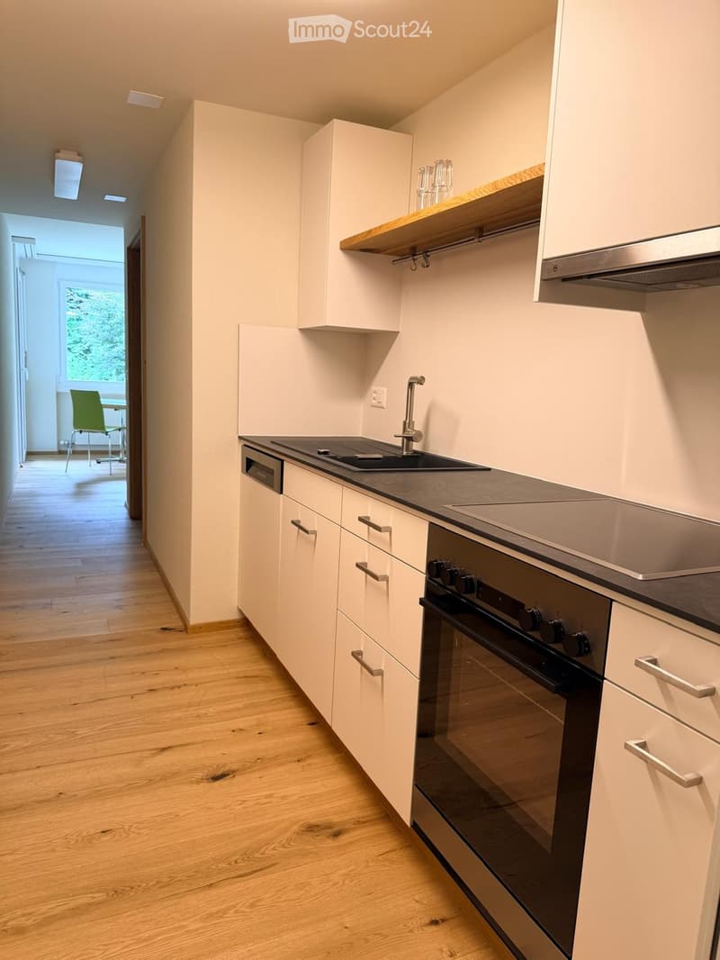 Modern kitchen with white cabinets, stainless steel appliances, and wooden flooring. Features an oven, sink, and faucet.