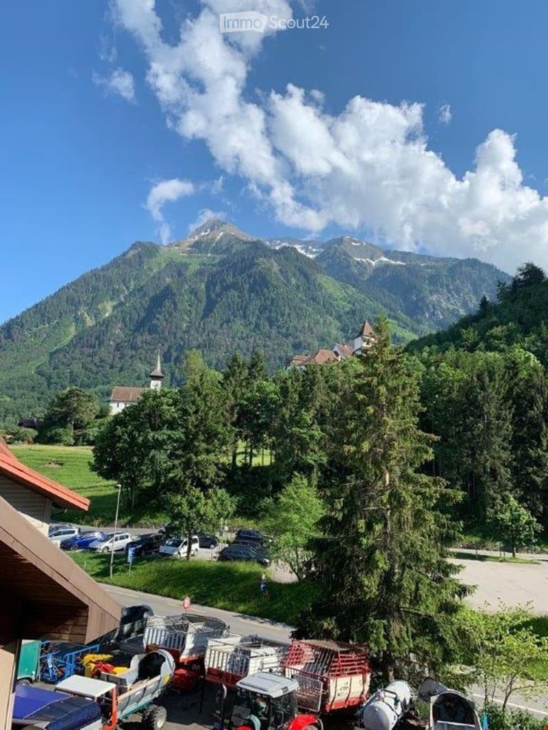 A scenic outdoor view of a mountainous landscape with a village, trees, parked cars, and agricultural equipment.