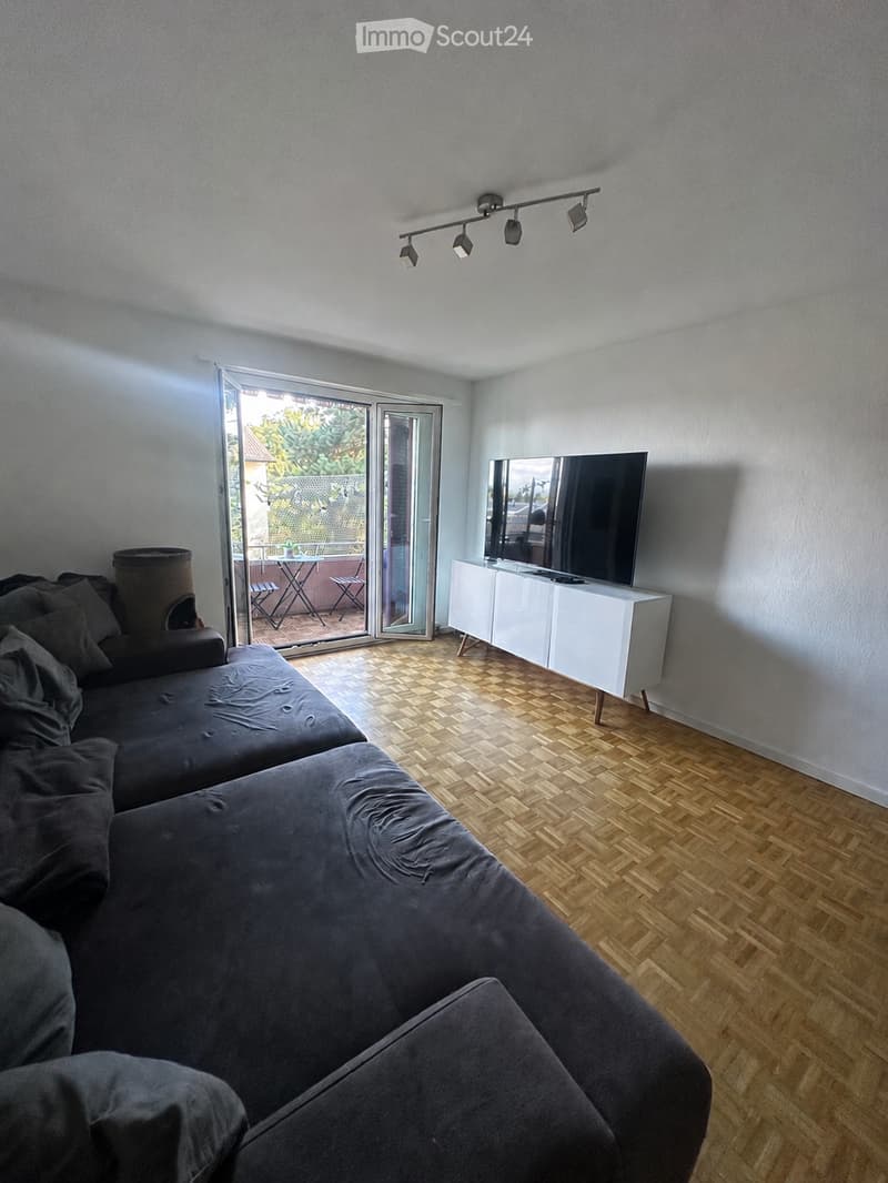Modern living room with a grey sectional sofa, a flat-screen TV on a white cabinet, and a sliding glass door leading to a balcony with outdoor furniture.