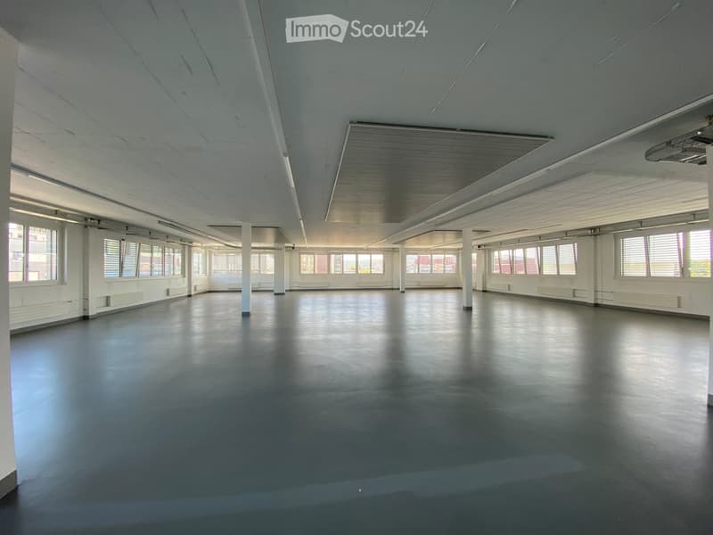 Empty room with bare walls, polished dark floor, large windows, and structural columns.