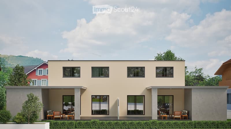 Modern two-story house with beige facade, large windows, and a covered patio area with outdoor furniture.
