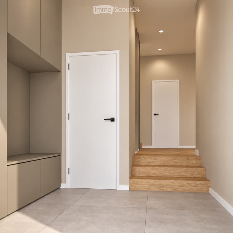 Modern hallway with beige walls, tiled floor, wooden staircase leading upwards, and two closed white doors.