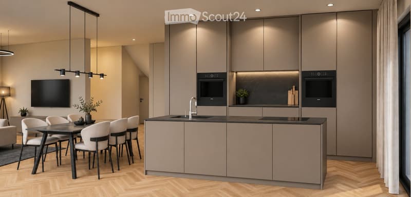 Modern open-plan living and dining area with a sleek kitchen, featuring a dining table with chairs, a sofa, a television, pendant lights, and integrated kitchen appliances.