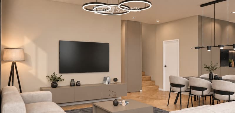 Modern living and dining area with a grey sofa, coffee table, TV, side table, dining table with chairs, floor lamp, and decorative items.