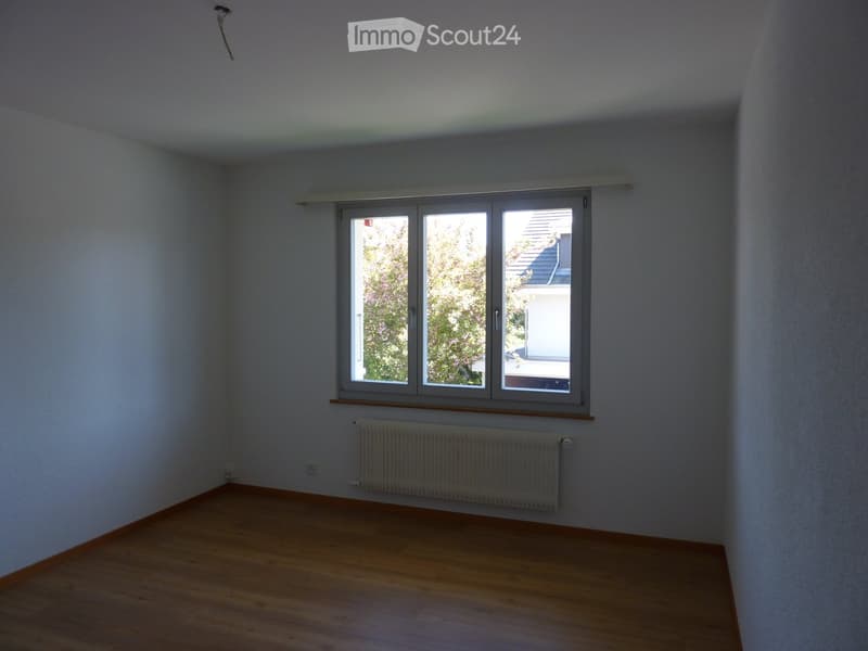 Empty room, white walls, wooden floor, window, radiator, power outlet
