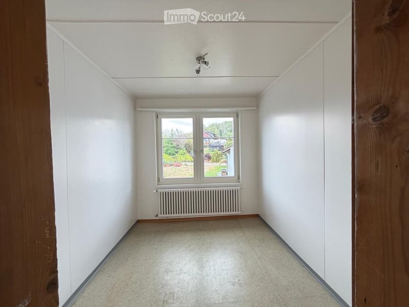 Empty room with white walls, carpeted floor, a window with a view of greenery, and a radiator below the window.