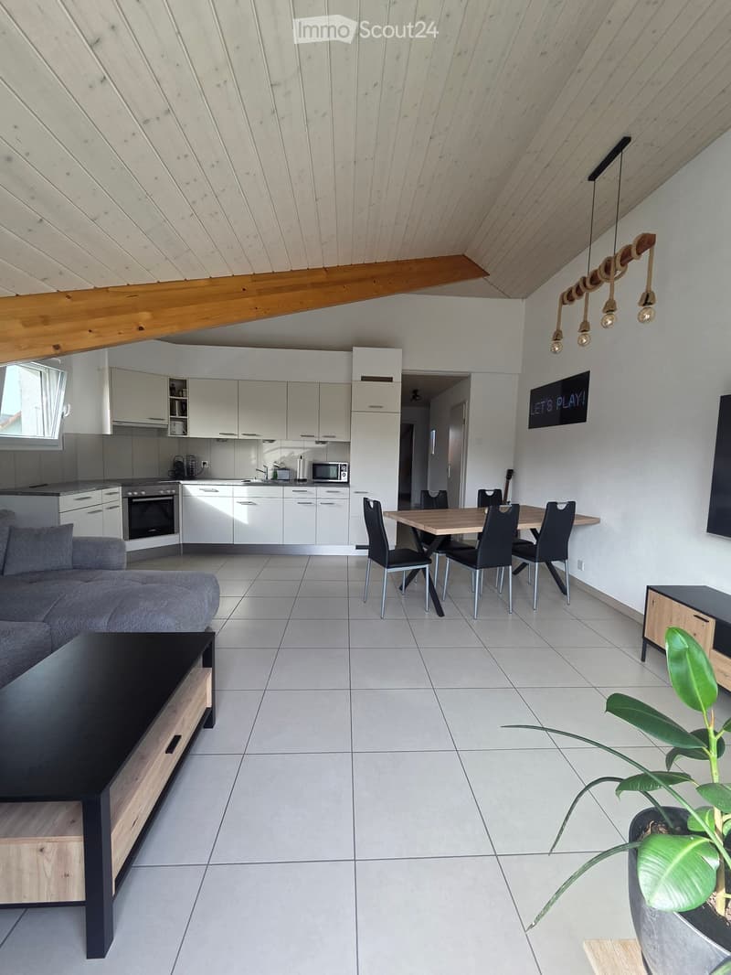 Open-plan living and dining area with a grey sofa, coffee table, dining table with chairs, kitchen area with cabinets and appliances, and a hanging light fixture.