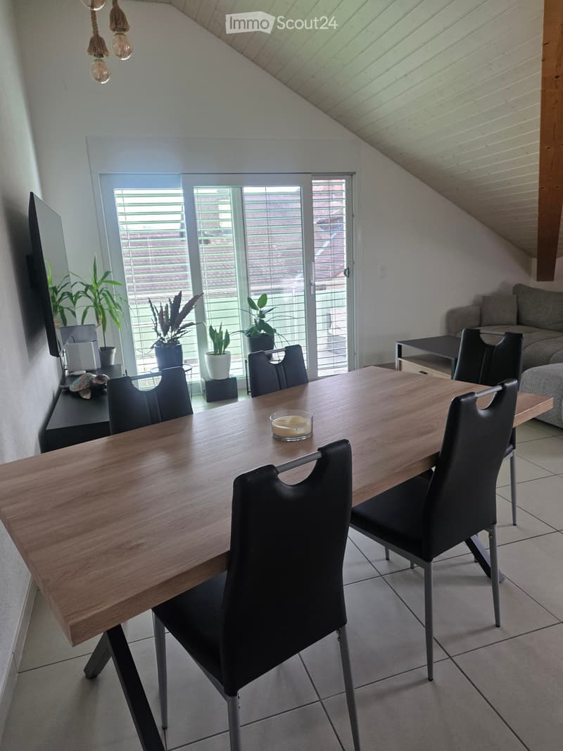 Modern dining area with a wooden dining table, black chairs, a sofa, and a TV screen. The room has large windows with blinds and is decorated with potted plants.