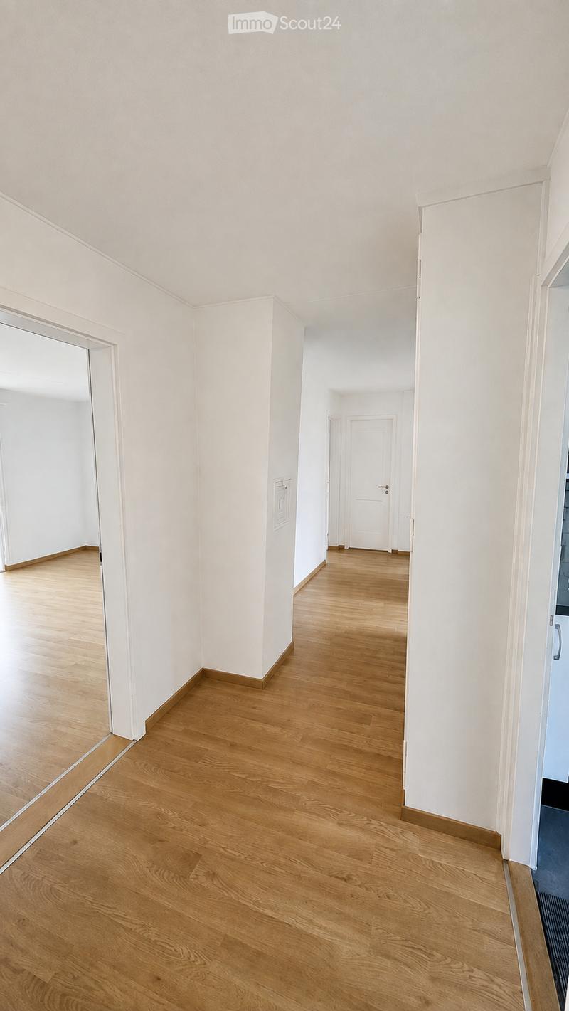 Empty hallway with light wooden flooring and white walls, featuring a closed door at the end and a mirror on the left wall.